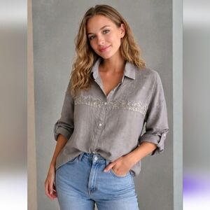 Italian Linen Button Up Shirt Blouse Eyelet Embroidery Sequins Beige Taupe L/XL